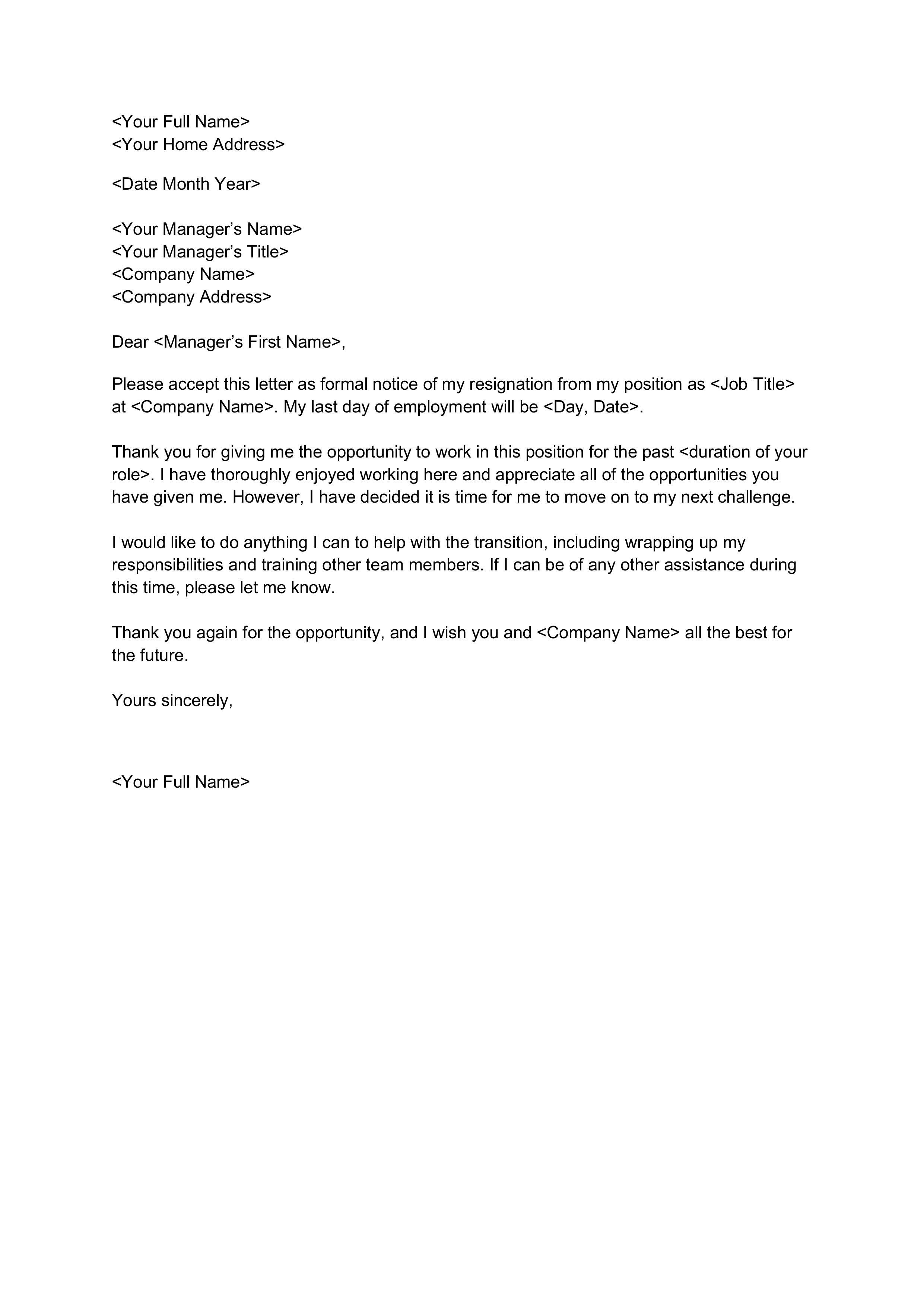 Resignation Letter Template 1 Month Notice