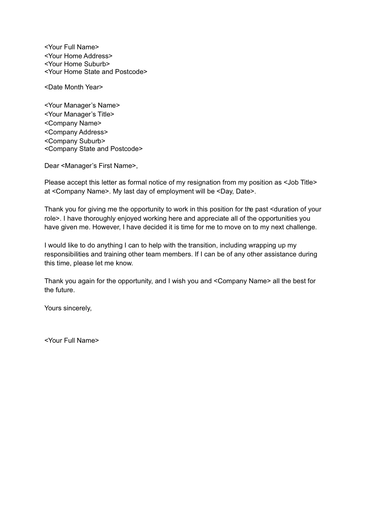 resignation letter template Free resignation letter template - SEEK Career Advice